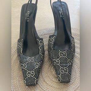 1998 Gucci by Tom Ford GG Rhinestone Swarovski Crystal Sling Heels Black